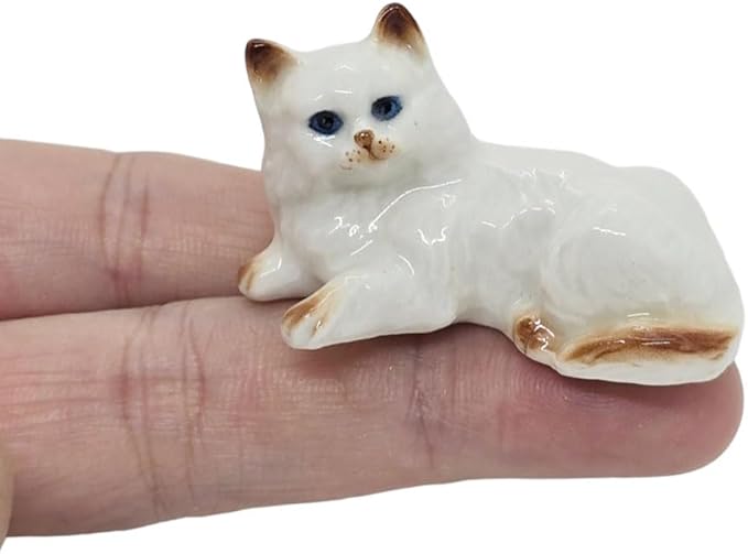 WitnyStore Tiny 1¾" Long White Brown Pointed Shorthair Cat Crouching Figurine - Miniature Hand Made Painted Ceramic Cats Kitten Feline Animal Cute Porcelain Decorative Collectible Figures Décor Gifts