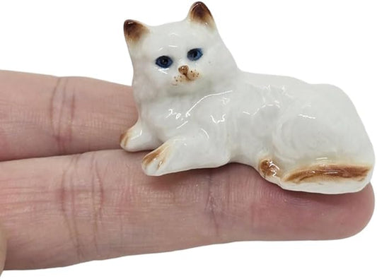WitnyStore Tiny 1¾" Long White Brown Pointed Shorthair Cat Crouching Figurine - Miniature Hand Made Painted Ceramic Cats Kitten Feline Animal Cute Porcelain Decorative Collectible Figures Décor Gifts