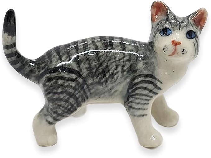 WitnyStore Tiny 2" Long Gray White Tabby Cat Standing Look Right Figurine - Miniature Hand Made Painted Ceramic Cats Kitten Feline Animal Cute Porcelain Decorative Collectible Figurines Décor Gifts