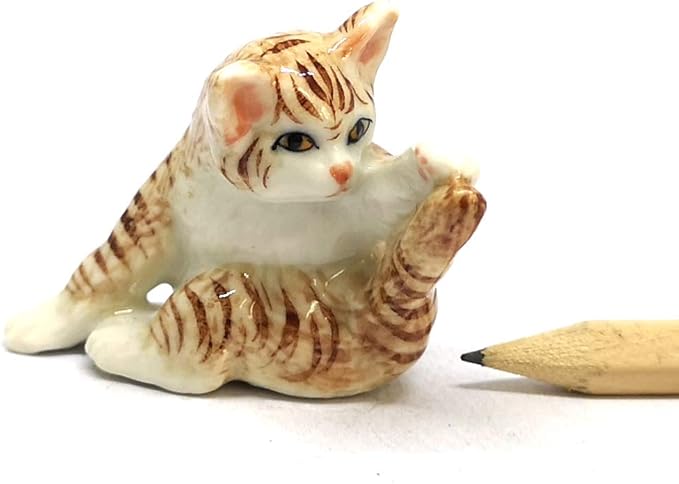 ZOOCRAFT Porcelain Fat Baby Tabby Kitten Cat Figurines Brown Ceramic Handmade Miniatures