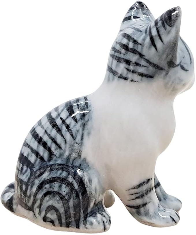 WitnyStore Tiny 1¼" White Gray Tabby Shorthair Cat Sitting Look Left Figurine - Miniature Hand Made Painted Ceramic Cats Kitten Feline Animal Cute Porcelain Decorative Collectible Figures Décor Gifts