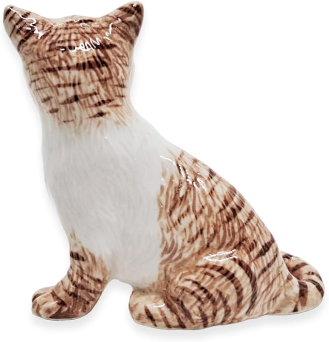 WitnyStore Tiny 2¼" Brown White Tabby Shorthair Cat Sitting Look Right Figurine - Miniature Hand Made Painted Ceramic Cats Kitten Feline Animal Cute Porcelain Decorative Collectible Figure Décor Gifts