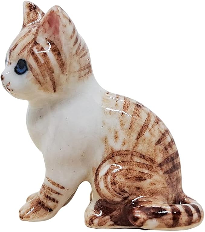 WitnyStore Tiny 1¼" White Brown Tabby Shorthair Cat Sitting Look Left Figurine - Miniature Hand Made Painted Ceramic Cats Kitten Feline Animal Cute Porcelain Decorative Collectible Figures Décor Gifts