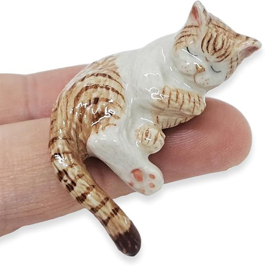 WitnyStore Tiny 1½" White Brown Tabby Shorthair Cat Sleeping Tail Hang Off Figurine - Miniature Hand Made Ceramic Cats Kitten Feline Animals Cute Porcelain Decorative Collectible Figures Décor Gifts