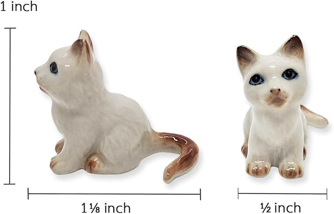 WitnyStore Tiny 1⅛" Long White Brown Pointed Shorthair Cat Sitting Figurine - Miniature Hand Made Painted Ceramic Cats Kitten Feline Animal Cute Porcelain Decorative Collectible Figurines Décor Gifts