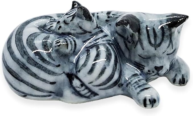 WitnyStore Tiny 1¼" Gray Tabby Shorthair Cat Mom and Baby Sleeping Figurine - Miniature Hand Made Painted Ceramic Cats Kitten Feline Animal Cute Porcelain Decorative Collectible Figurines Décor Gifts