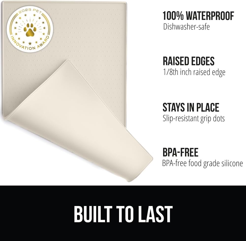 GORILLA GRIP 100% Waterproof Raised Edge BPA Free Silicone Pet Feeding Mat, Dog Cat Food Mats Contain Spills Protects Floors, Placemats for Cats and Dogs Water Bowl, Pets Accessories 28x18 Cream