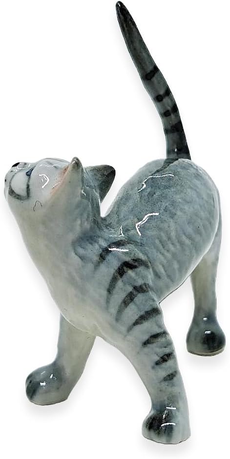 WitnyStore Tiny 2¼" Gray Tabby Shorthair Cat Standing Look Up Figurine - Miniature Hand Made Painted Ceramic Cats Kitten Feline Animal Cute Porcelain Decorative Collectible Figurines Décor Gifts