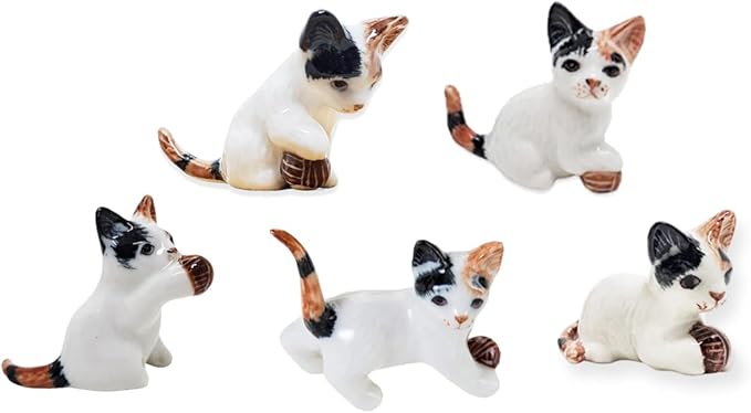 WitnyStore Tiny 1⅜" Calico Tricolor Shorthair Cat Sitting Hold Ball Look Right Figurine - Miniature Hand Made Painted Ceramic Cats Kitten Animal Cute Porcelain Decorative Collectible Figure Décor Gift