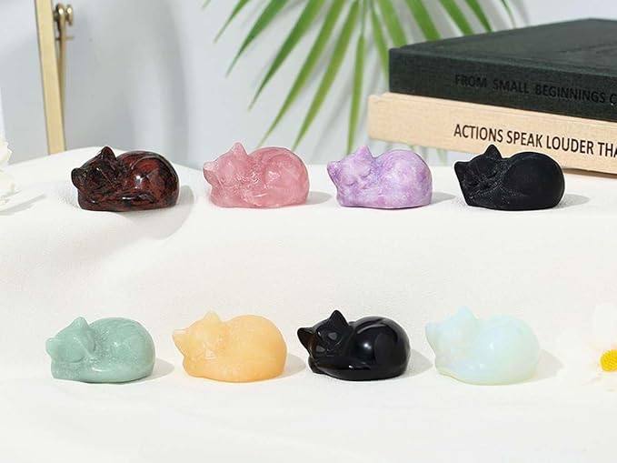 LAIDANLA Opal Sleeping Cat Statue Healing Crystals Moonstones Hand Carved Cute Kitten Figurine Sculpture 1.6" Opalite White Gemstone Decor Polished Stone Reiki Office Desk Home Decoration Gifts