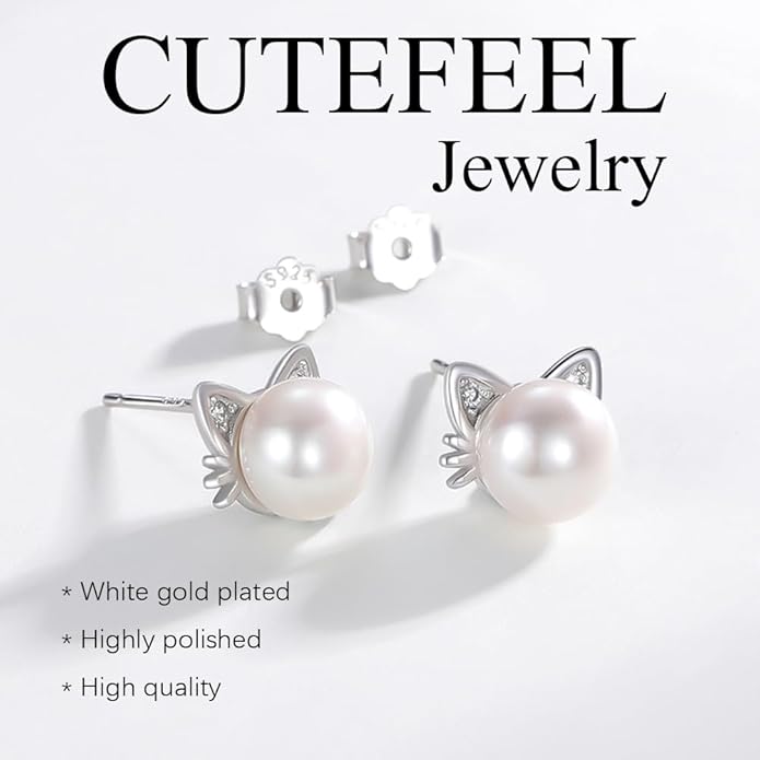 925 Sterling Silver Freshwater Pearl Cat Stud Earrings for Women, Cat CZ Studs Hypoallergenic Jewelry Gift