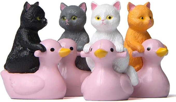 Grey Cat Ornaments, Kawaii Figure, DIY Cat Miniature, Sitting Pink Duck Cat Figurine, Outdoor Statues Small Statue Animal Model Garden Cake Plant Decor