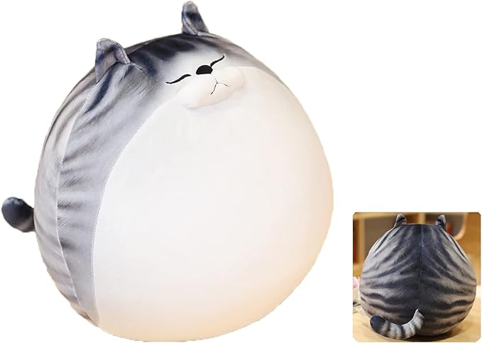12 Inch Gray Striped Tabby Cat Stuffed Animals Round Fat Striped Tabby Cat Plush Hugging Pillow Stuffed Cat Doll Plushies Gift for Kids and Lovers in Birthday, Christmas, Valentine's Day..