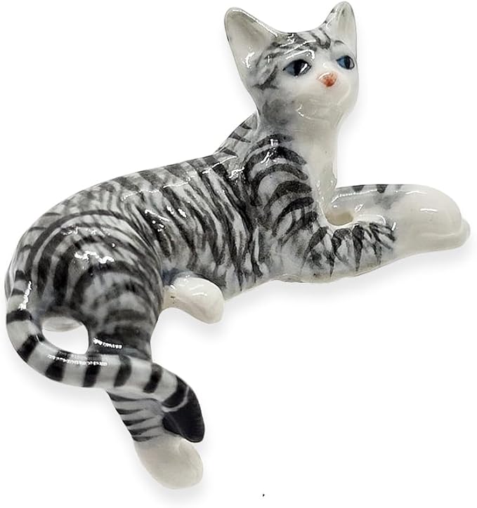 WitnyStore Tiny 2" Gray White Tabby Shorthair Cat Lying Cross Paws Hang Leg Figurine - Miniature Hand Made Ceramic Cats Kitten Feline Animal Cute Porcelain Decorative Collectible Figurines Décor Gifts