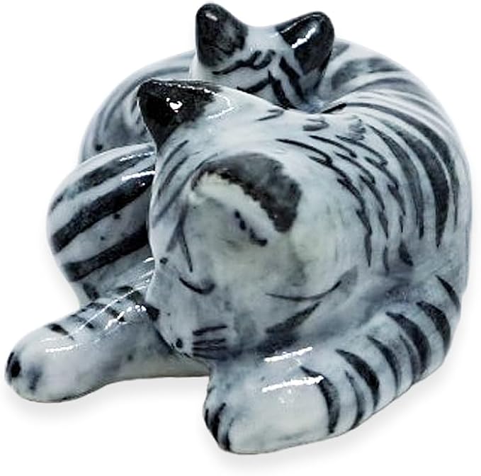 WitnyStore Tiny 1¼" Gray Tabby Shorthair Cat Mom and Baby Sleeping Figurine - Miniature Hand Made Painted Ceramic Cats Kitten Feline Animal Cute Porcelain Decorative Collectible Figurines Décor Gifts