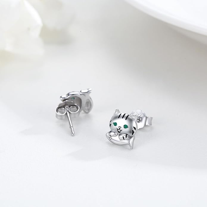 925 Sterling Silver Cat Earrings Cute Animal Kitten Stud Earrings cat Jewelry Gifts for Women Girls Hypoallergenic Earrings for Sensitive Ears