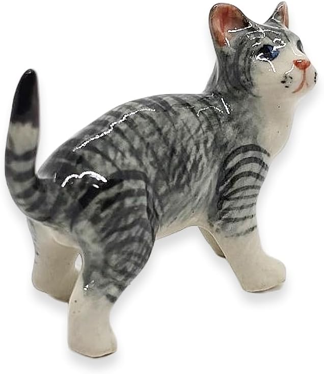 WitnyStore Tiny 2" Long Gray White Tabby Cat Standing Look Right Figurine - Miniature Hand Made Painted Ceramic Cats Kitten Feline Animal Cute Porcelain Decorative Collectible Figurines Décor Gifts