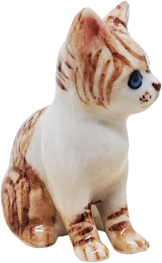 WitnyStore Tiny 1¼" White Brown Tabby Shorthair Cat Sitting Look Left Figurine - Miniature Hand Made Painted Ceramic Cats Kitten Feline Animal Cute Porcelain Decorative Collectible Figures Décor Gifts