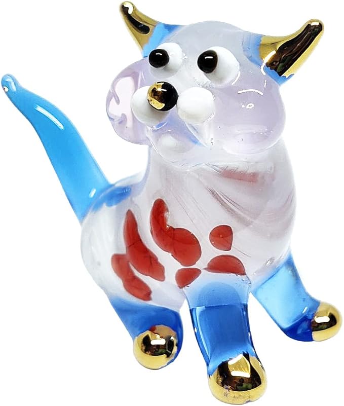 Tiny 1½" White Blue Red Sitting Look Right Cat Figurine Miniature Hand Blown Glass Cats Kitten Feline Animals Cute Colorful Crystal Decorative Collectible Figurines Décor Gifts