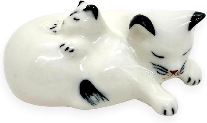 WitnyStore Tiny 1½" White Black Pointed Shorthair Cat Mom Baby Sleeping Figurine - Miniature Hand Made Painted Ceramic Cats Kitten Feline Animal Cute Porcelain Decorative Collectible Figure Décor Gift