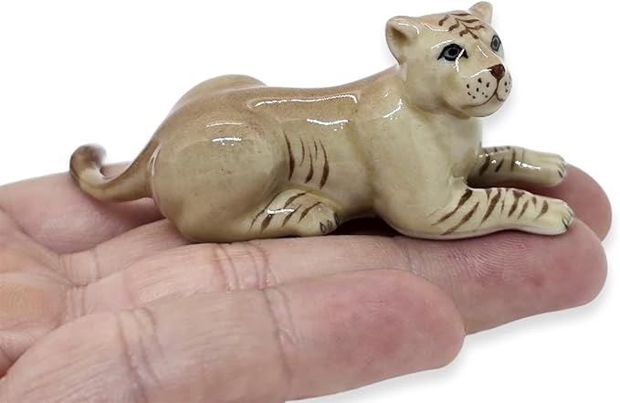 WitnyStore Tiny 2¾" Brown Lying Liger Figurine - Miniature Hand Made Ceramic Panthera Wild Cats Lion Tiger Jaguar Leopard Panthers Animals Small Porcelain Decorative Collectible Figures Décor Gifts