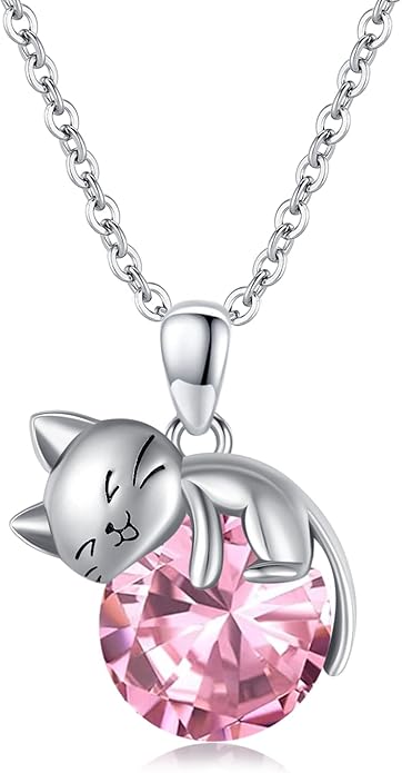 LONAGO Cat Necklace with Birthstone 925 Sterling Silver Cat Pendant Necklace Gift for Women