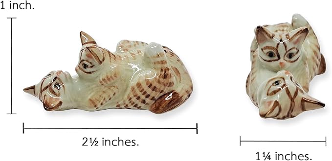 WitnyStore Tiny 2½" Brown White Tabby Shorthair Cat Mom Hugging Baby Figurine - Miniature Hand Made Painted Ceramic Cats Kitten Feline Animal Cute Porcelain Decorative Collectible Figures Décor Gifts