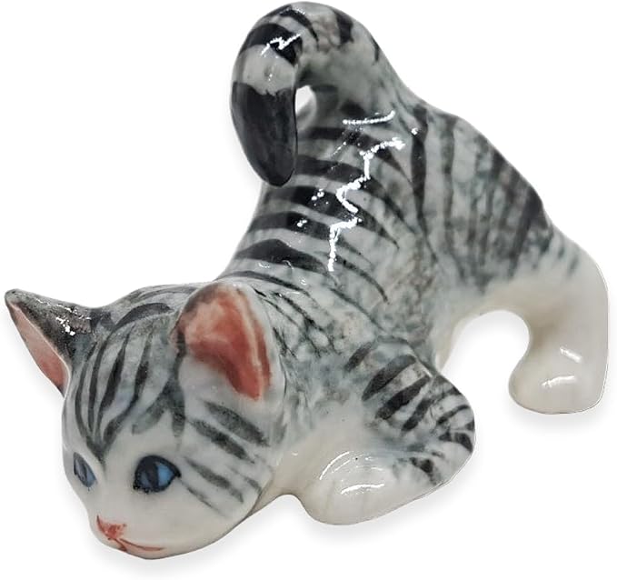 WitnyStore Tiny 2⅛" Gray White Tabby Shorthair Cat Bending Down Figurine - Miniature Hand Made Painted Ceramic Cats Kitten Feline Animal Cute Porcelain Decorative Collectible Figurines Décor Gifts