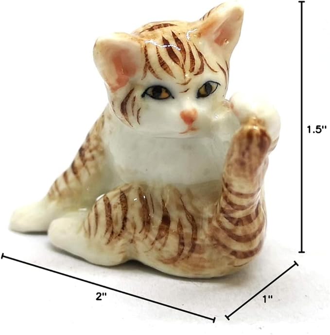 ZOOCRAFT Porcelain Fat Baby Tabby Kitten Cat Figurines Brown Ceramic Handmade Miniatures
