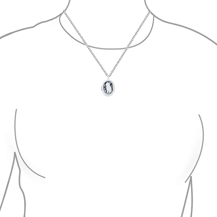 Personalized Custom Engraved Holds Picture Vintage Antique Style Simulated Black White Onyx Sitting Kitten Oval Cat Cameo Photo Locket Pendant Necklace For Women Teen .925 Sterling Silver