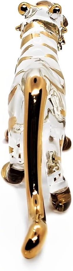 WitnyStore Tiny 6¼" Long Clear Gold Standing Tiger Roaring Figurine - Miniature Hand Blown Painted Glass Panthera Wild Cat Small Crystal Wildlife Animals Decorative Collectible Figurines Décor Gifts