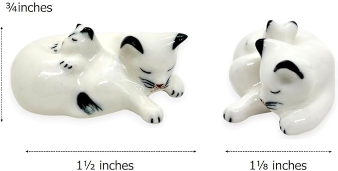 WitnyStore Tiny 1½" White Black Pointed Shorthair Cat Mom Baby Sleeping Figurine - Miniature Hand Made Painted Ceramic Cats Kitten Feline Animal Cute Porcelain Decorative Collectible Figure Décor Gift