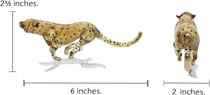 WitnyStore Tiny 6" Brown Running Cheetah Leopard Jaguar - Miniature Hand Blown Painted Glass Panthera Feline Wild Cats Small Crystal Wildlife Animal Decorative Figure Collectible Figurines Décor Gifts