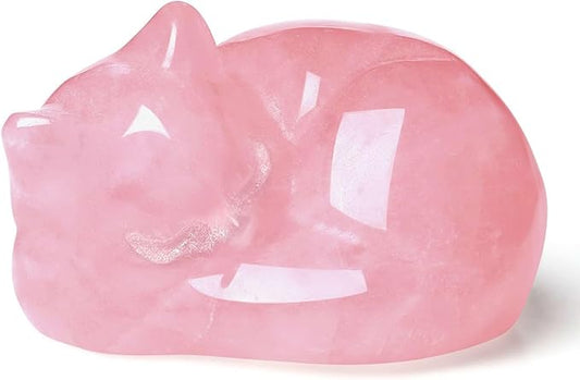 LAIDANLA Sleeping Cat Statue Pink Rose Quartz Healing Gemstone Hand Carved Cute Kitten Statue Figurine 1.6" Decor Polished Stone Reiki Bedroom Office Desk Home Decoration Gifts