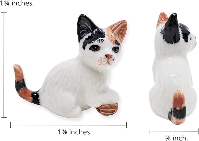 WitnyStore Tiny 1⅜" Calico Tricolor Shorthair Cat Sitting Hold Ball Look Right Figurine - Miniature Hand Made Painted Ceramic Cats Kitten Animal Cute Porcelain Decorative Collectible Figure Décor Gift
