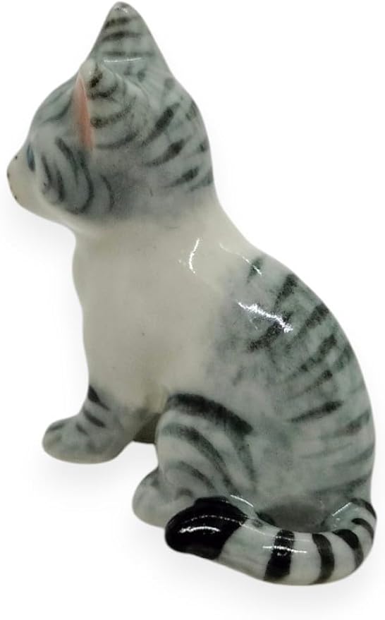 WitnyStore Tiny 1⅜" High White Gray Tabby Shorthair Cat Sitting Figurine - Miniature Hand Made Painted Ceramic Cats Kitten Feline Animals Cute Porcelain Decorative Collectible Figures Décor Gifts