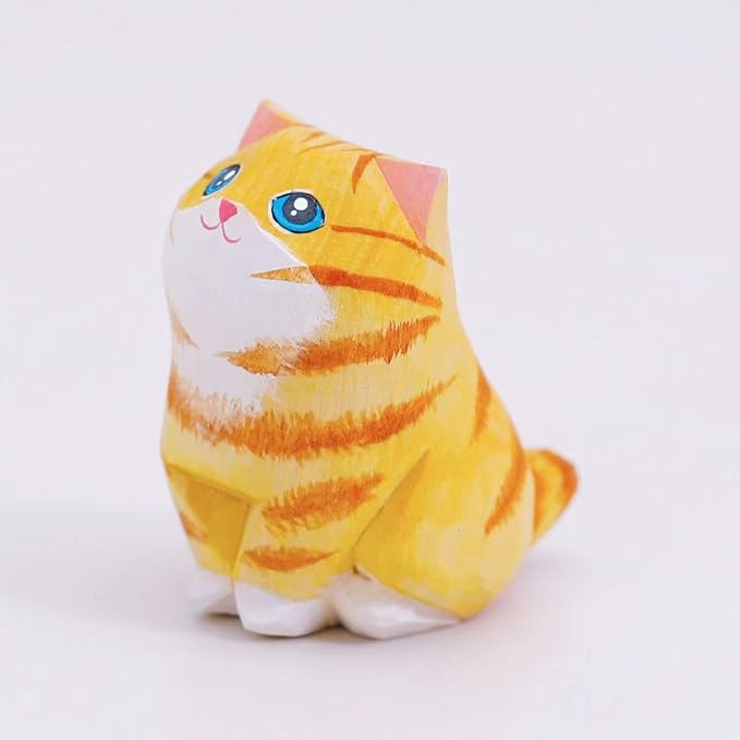 Handmade Orange Cat Figurine, Wooden Tabby Statue Craft, Cute Home Decor, Unique Figure Collectible Gift for Cat Lovers