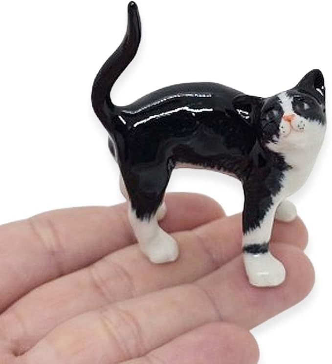 WitnyStore Tiny 2" Long Black White Tuxedo Cat Standing Look Up Figurine - Miniature Hand Made Painted Ceramic Cats Kitten Feline Animals Cute Porcelain Decorative Collectible Figurines Décor Gifts