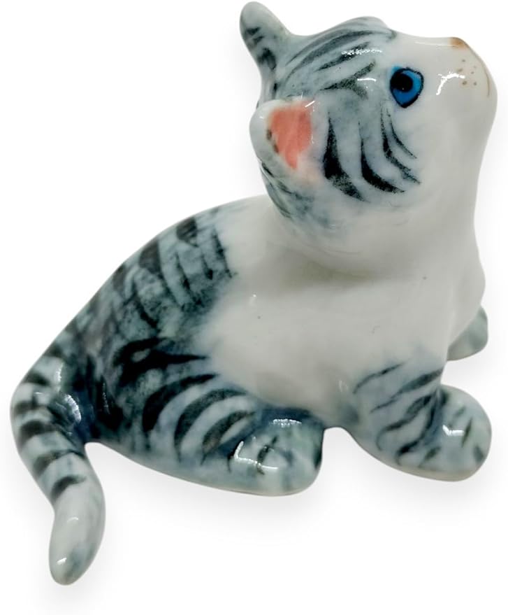 WitnyStore Tiny 1½" Gray White Tabby Shorthair Cat Sitting Look Up Figurine - Miniature Hand Made Painted Ceramic Cats Kitten Feline Animals Cute Porcelain Decorative Collectible Figures Décor Gifts