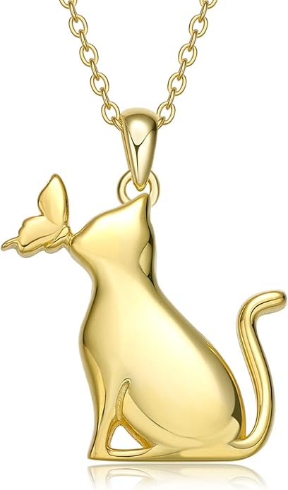 LONAGO Cat Necklace with Butterfly 925 Sterling Silver Cat Pendant Necklace Gift for Women