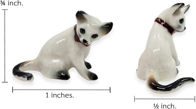 WitnyStore Tiny 1" White Gray Pointed Shorthair Siamese Cat Sitting Look Right Figurine - Miniature Hand Made Ceramic Cats Kitten Feline Animal Cute Porcelain Decorative Collectible Figure Décor Gifts
