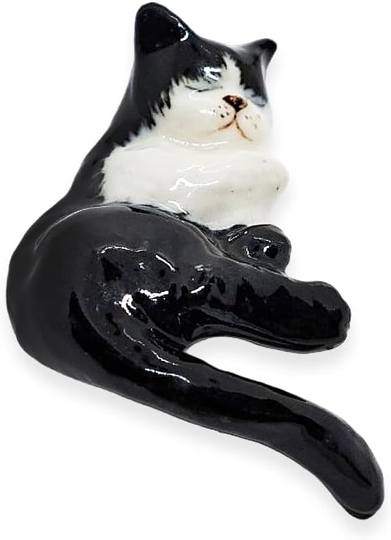 WitnyStore Tiny 1⅜" Black White Tuxedo Shorthair Cat Sleeping Tail Hang Off Figurine - Miniature Hand Made Ceramic Cats Kitten Feline Animal Cute Porcelain Decorative Collectible Figures Décor Gifts