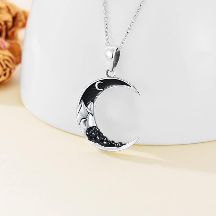 Gothic Jewelry Bat/Cat/Wolf/Dragon/Owl/Fox/Spider/Sun Pendant Sterling Silver Crescent Moon Necklace for Women Girls Black Jewelry Gifts