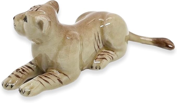 WitnyStore Tiny 2¾" Brown Lying Liger Figurine - Miniature Hand Made Ceramic Panthera Wild Cats Lion Tiger Jaguar Leopard Panthers Animals Small Porcelain Decorative Collectible Figures Décor Gifts