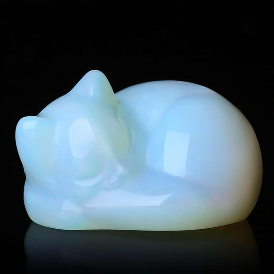 LAIDANLA Opal Sleeping Cat Statue Healing Crystals Moonstones Hand Carved Cute Kitten Figurine Sculpture 1.6" Opalite White Gemstone Decor Polished Stone Reiki Office Desk Home Decoration Gifts