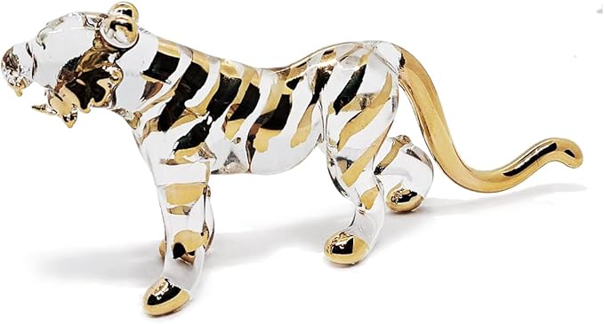 WitnyStore Tiny 6¼" Long Clear Gold Standing Tiger Roaring Figurine - Miniature Hand Blown Painted Glass Panthera Wild Cat Small Crystal Wildlife Animals Decorative Collectible Figurines Décor Gifts