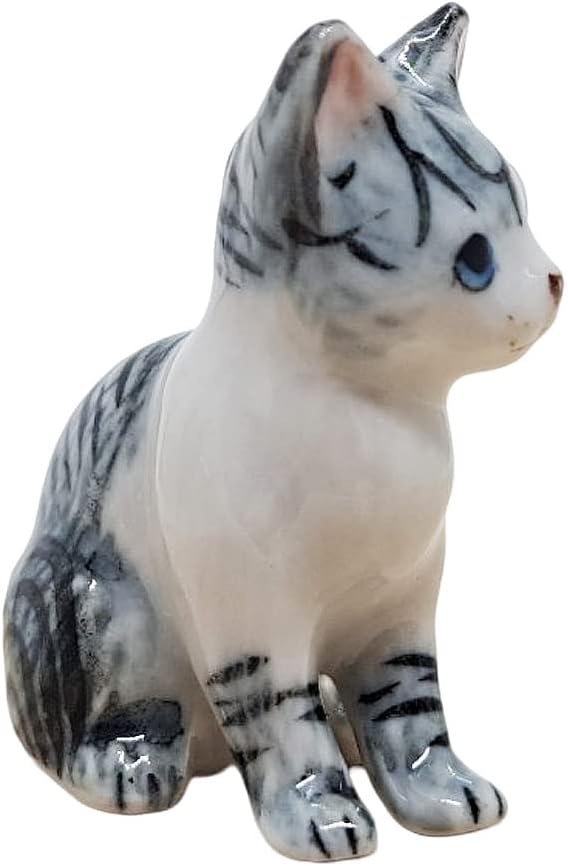 WitnyStore Tiny 1¼" White Gray Tabby Shorthair Cat Sitting Look Left Figurine - Miniature Hand Made Painted Ceramic Cats Kitten Feline Animal Cute Porcelain Decorative Collectible Figures Décor Gifts