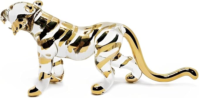 WitnyStore Tiny 6¼" Long Clear Gold Standing Tiger Roaring Figurine - Miniature Hand Blown Painted Glass Panthera Wild Cat Small Crystal Wildlife Animals Decorative Collectible Figurines Décor Gifts