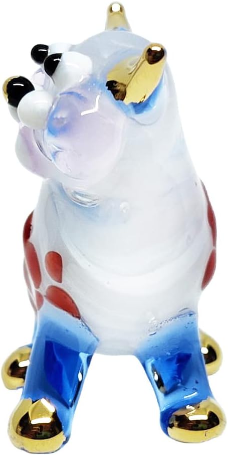 Tiny 1½" White Blue Red Sitting Look Right Cat Figurine Miniature Hand Blown Glass Cats Kitten Feline Animals Cute Colorful Crystal Decorative Collectible Figurines Décor Gifts