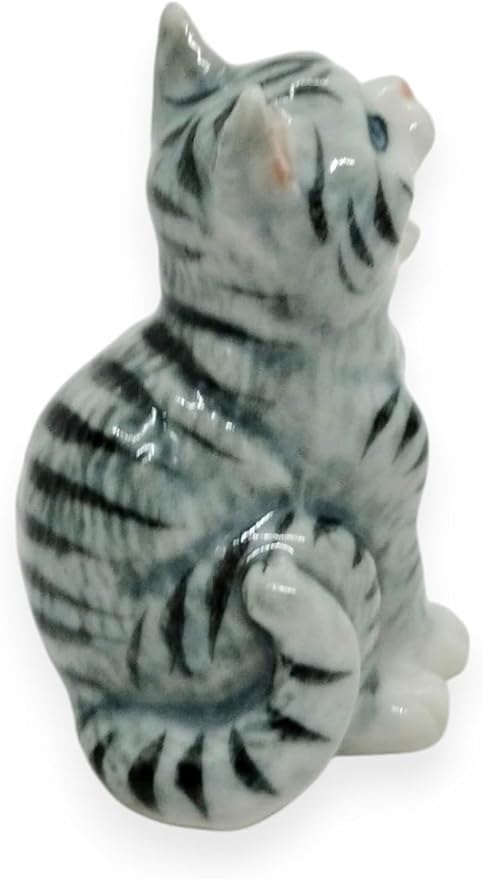WitnyStore Tiny 1⅜" Long Gray White Tabby Shorthair Cat Sitting Yawn Figurine - Miniature Hand Made Painted Ceramic Cats Kitten Feline Animal Cute Porcelain Decorative Collectible Figures Décor Gifts